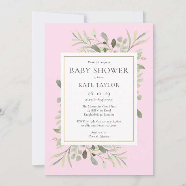 Watercolour Greenery Pink Baby Girl Shower Invitation (Front)