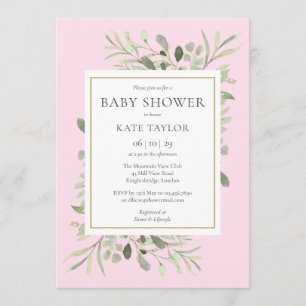 Watercolour Greenery Pink Baby Girl Shower Invitation
