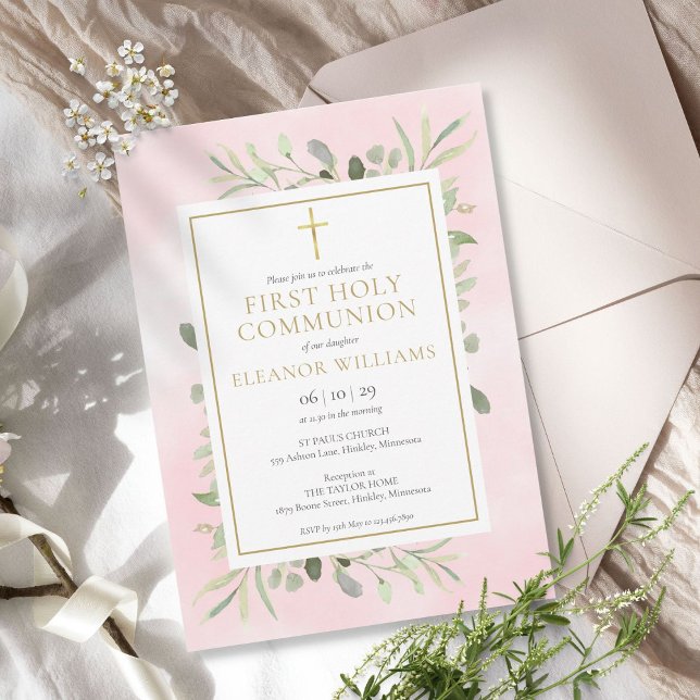 Watercolour Greenery Pink First Holy Communion Invitation (Creator Uploaded)