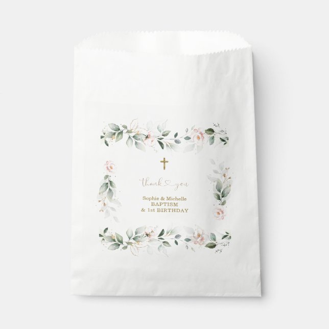 Watercolour Greenery Pink Floral Gold Baptism   Favour Bags (Front)