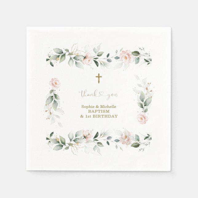 Watercolour Greenery Pink Floral Gold Baptism   Napkin (Front)