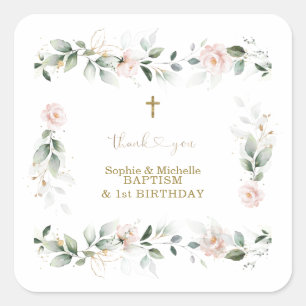 Watercolour Greenery Pink Floral Gold Baptism Square Sticker
