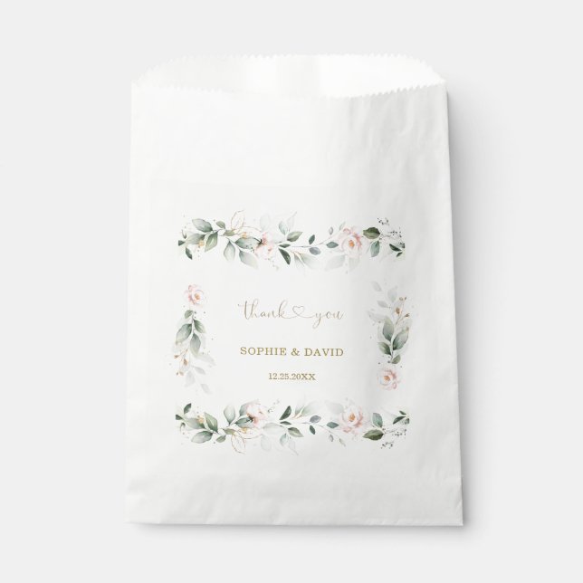 Watercolour Greenery Pink Floral Gold Wedding Favo Favour Bags (Front)