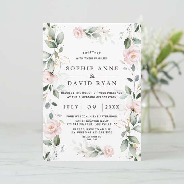 Watercolour Greenery Pink Floral Gold Wedding Invitation (Standing Front)