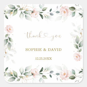 Watercolour Greenery Pink Floral Gold Wedding S Square Sticker