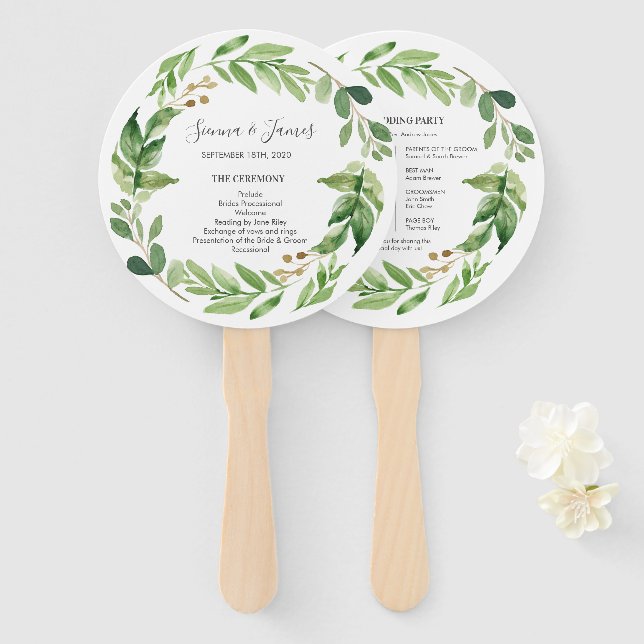 Watercolour Greenery Wedding Ceremony program Hand Fan (Front and Back)