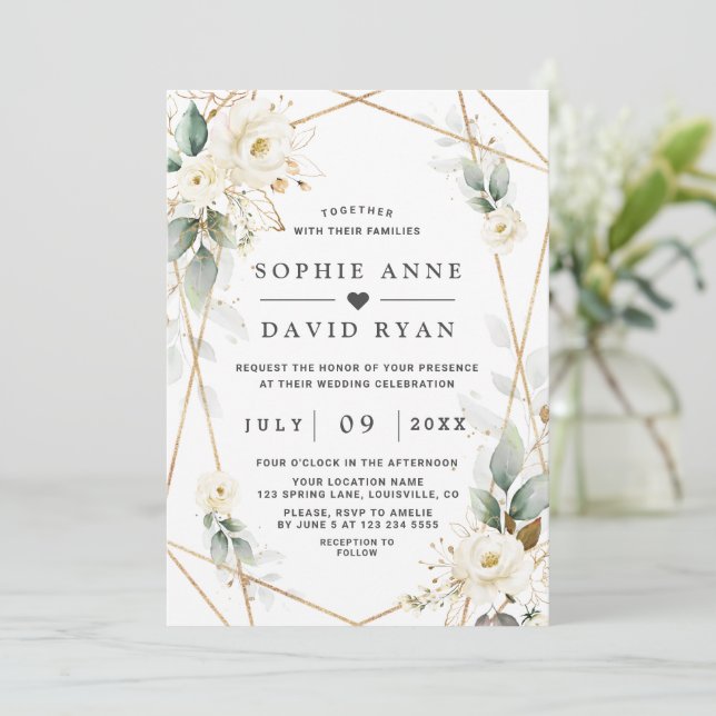 Watercolour Greenery White Floral Gold Wedding  Invitation (Standing Front)