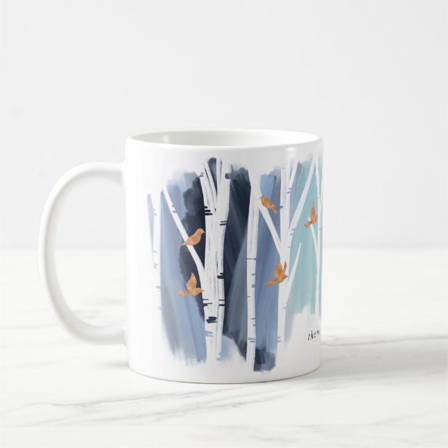 Watercolour Grey Wash Birch Trees & Gold Doves Coffee Mug (Left)