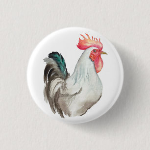 Watercolour hand drawing of a Rooster 3 Cm Round Badge