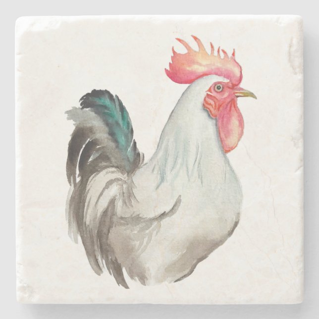 Watercolour hand drawing of a Rooster Stone Coaster (Front)
