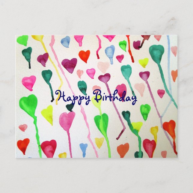 Watercolour hearts Happy Birthday art Postcard (Front)