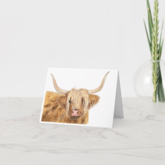 Watercolour Highland Cow Greeting Birthday Card (Front)