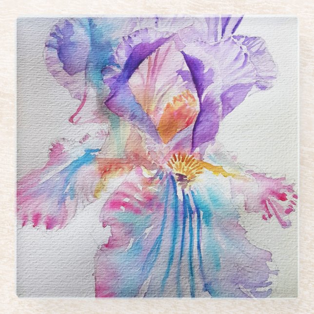 Watercolour Iris Flower Painting art irises Glass Coaster (Front)
