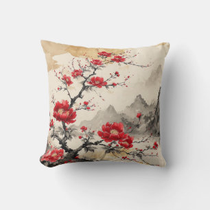 Watercolour Japanese Blossom red Cushion