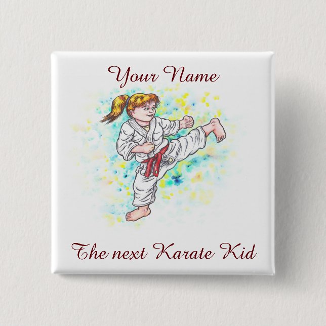 Watercolour Karate Kids high kicking girl 15 Cm Square Badge (Front)