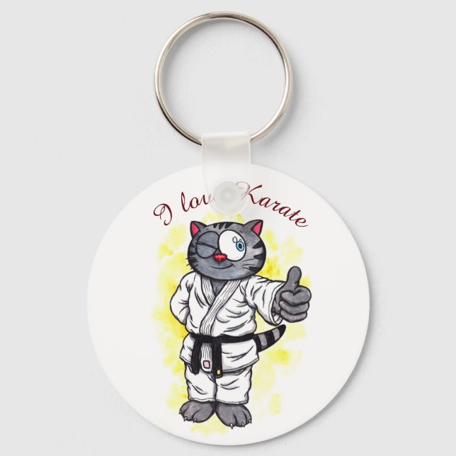 Watercolour Karate Kitten standing and smiling Key Ring (Front)