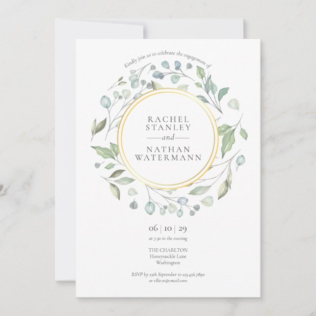 Watercolour Laurel Garland Gold Engagement Party Invitation (Front)