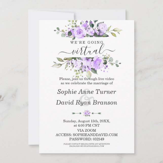 Watercolour Lavender Flowers Virtual Wedding Invitation (Front)