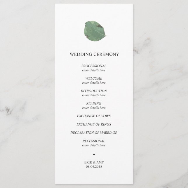 Watercolour leaf wedding program programme (Front)
