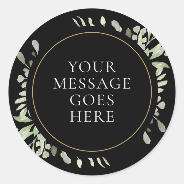 Watercolour Leaves Greenery Gold Black Wedding Classic Round Sticker (Front)