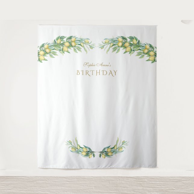Watercolour Lemon Tropical Birthday Photo Booth Tapestry (Front)