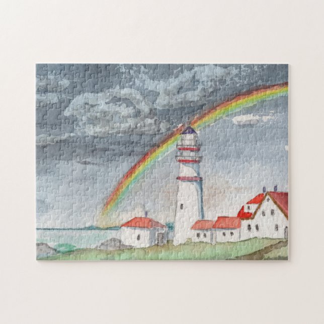 Watercolour Lighthouse Rainbow Landscape Sea Jigsaw Puzzle (Horizontal)