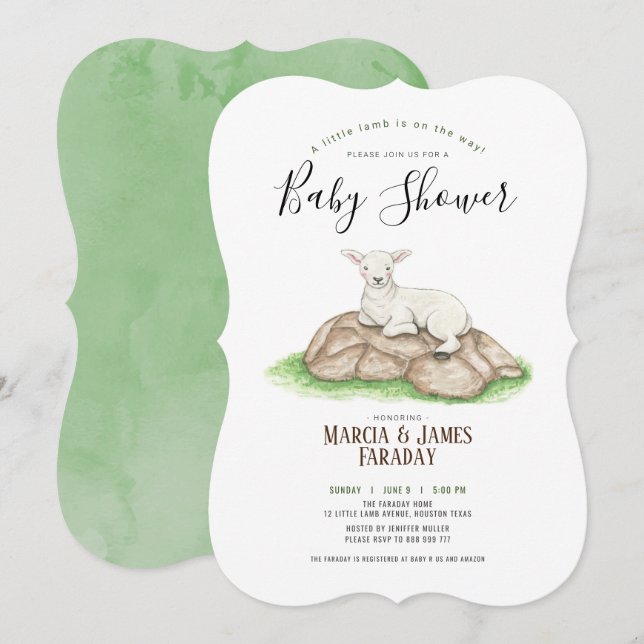 Watercolour little lamb couples baby shower invitation (Front/Back)