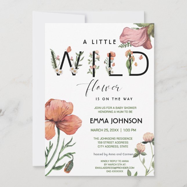 Watercolour Little Wildflower Poppies Baby Shower Invitation (Front)