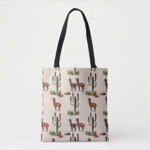 Watercolour llama alpaca wildlife seamless pattern tote bag