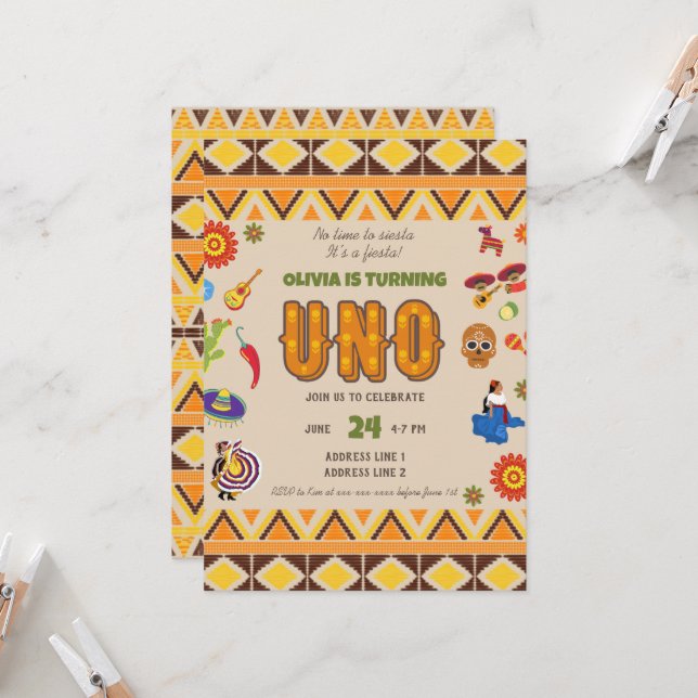 Watercolour Mexican theme first birthday  Invitation (Front/Back In Situ)