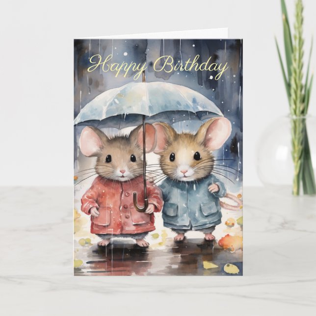 Watercolour Mice in The Rain Card (Front)