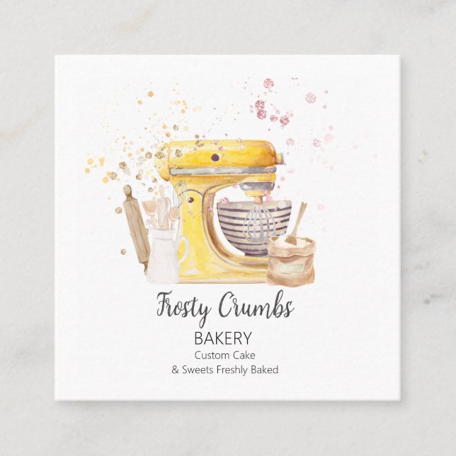 Watercolour Mixer Bakery Pastry Sweets Cake  Square Business Card (Front)