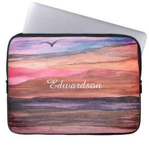 Watercolour Mountains Range Landscape Script Name Laptop Sleeve