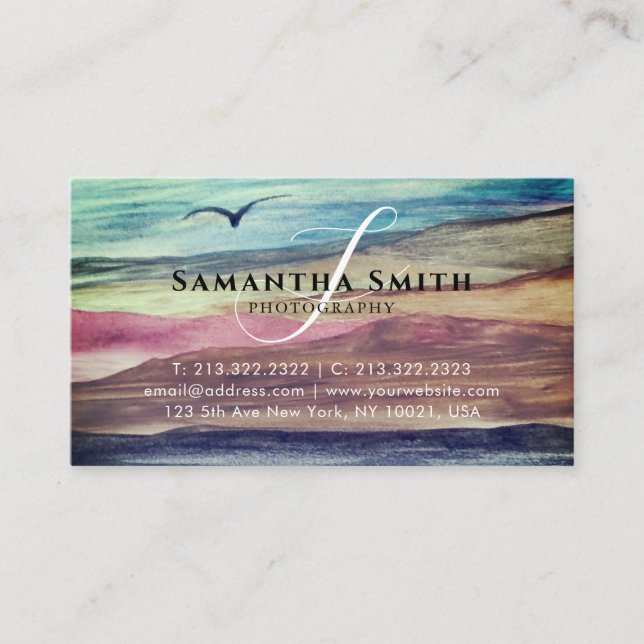 Watercolour Mountains Range Script Signature Business Card (Front)