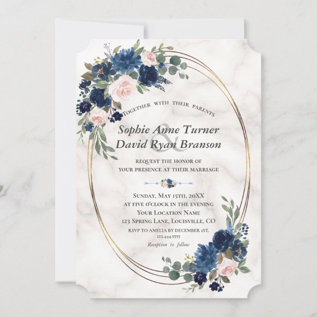 Watercolour Navy Blue Blush Flowers Marble Wedding Invitation (Front)