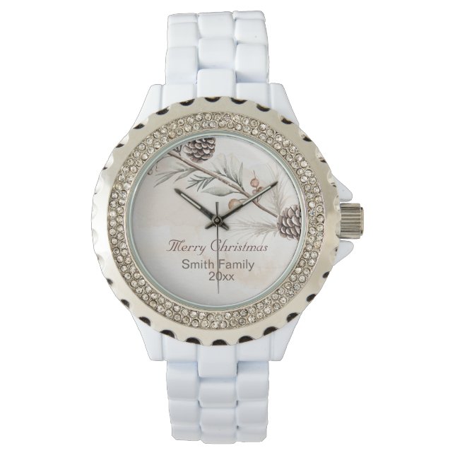 Watercolour Neutral colour Christmas tree Watch (Front)