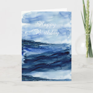 Watercolour Ocean Waves Happy Birthday Card Blue