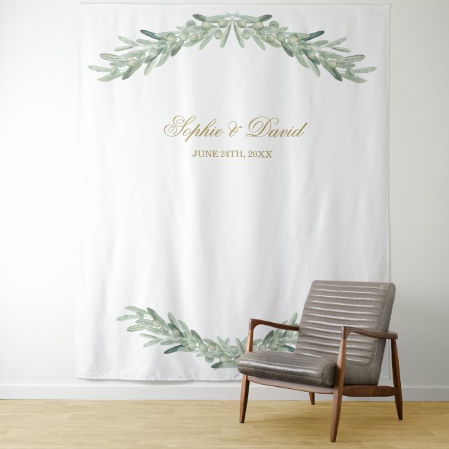 Watercolour Olive Branches Photo Booth Backdrop Tapestry (In Situ)
