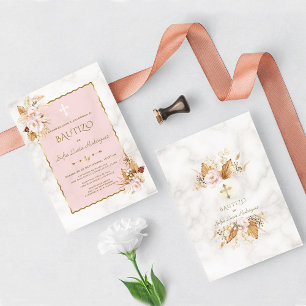Watercolour Pampas Grass Pink Flowers Gold Bautizo Invitation