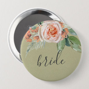WATERCOLOUR PEACH FLOWER GREEN FOLIAGE GOLD BRIDE 10 CM ROUND BADGE