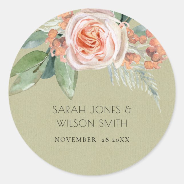 WATERCOLOUR PEACH FLOWER GREEN FOLIAGE MONOGRAM CLASSIC ROUND STICKER (Front)