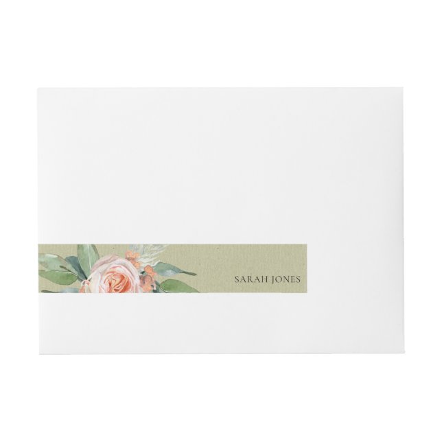 WATERCOLOUR PEACH FLOWER GREEN FOLIAGE MONOGRAM WRAPAROUND ADDRESS LABEL (Front)