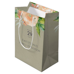 WATERCOLOUR PEACH FLOWER GREEN FOLIAGE WEDDING MEDIUM GIFT BAG