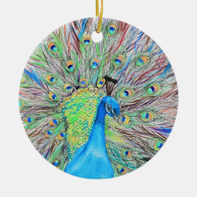 Watercolour Peacock Painting Ceramic Tree Decoration (Front)