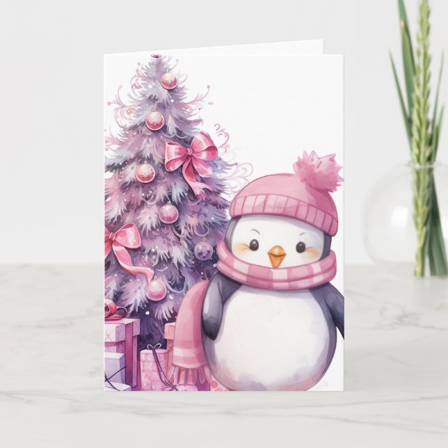 Watercolour Penguin & Pink Christmas Tree Card (Front)