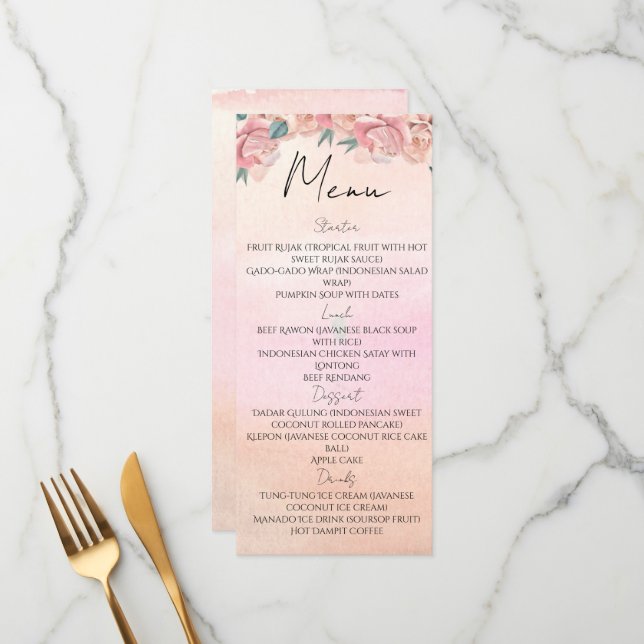 Watercolour petals & prosecco summer bridal shower menu (Front/Back In Situ)