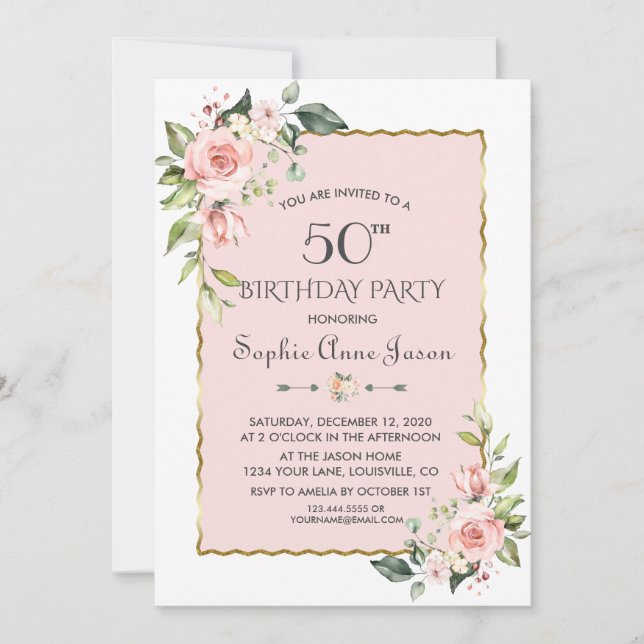 Watercolour Pink Blush Floral Gold 50th Birthday Invitation (Front)