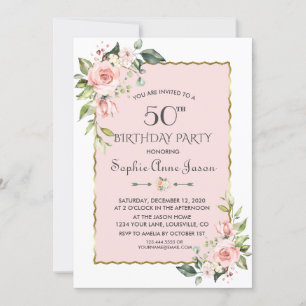 Watercolour Pink Blush Floral Gold 50th Birthday Invitation
