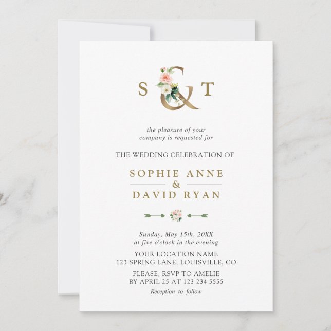 Watercolour Pink Blush Flowers Ampersand Wedding Invitation (Front)