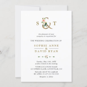 Watercolour Pink Blush Flowers Ampersand Wedding Invitation